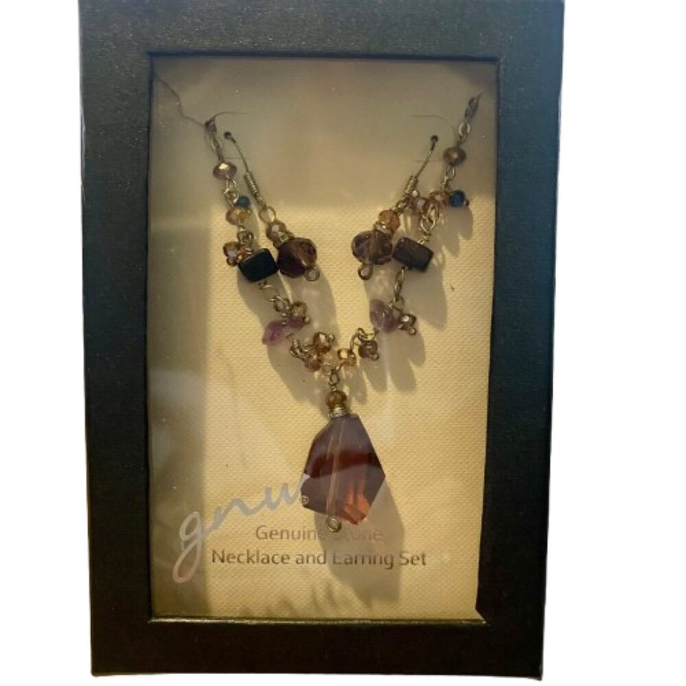GNW Necklace Earring Set New in Box Silver Chain Genuine Stone